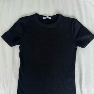 Zara Black Ribbed Crewneck Tee